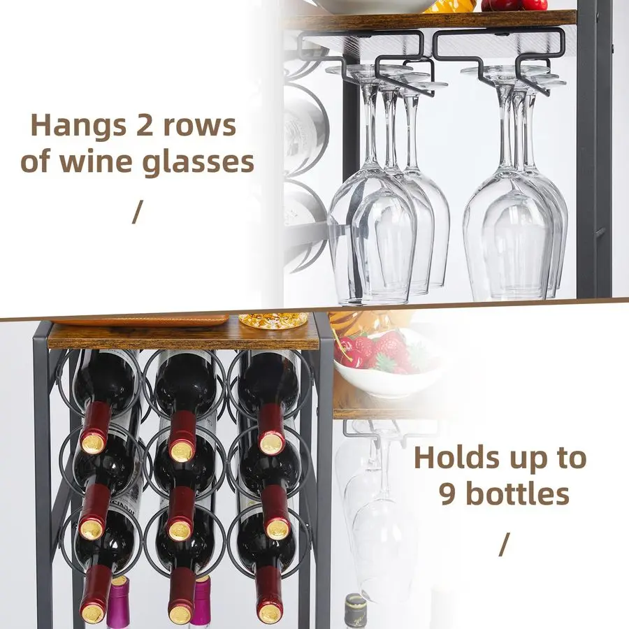 Liquor Cabinet with 9Bottle for Home Bar, Versatile Wine Rack Freestanding Floor with Glass Holder and Fences, Mini Bar Table Li