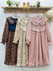 Vintage Floral Printed Corduroy Dress For Women Autumn Japanese Mori Girl Kawaii Lace Doll Collar Casual Loose Long Dresses