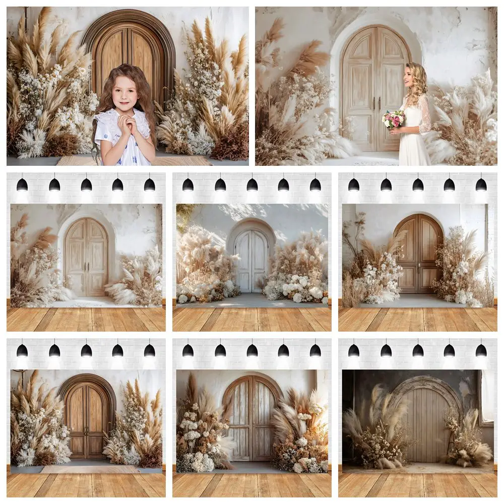 

Boho Pampas Wood Door Backdrop Interior Kids Birthday Party Wedding Portrait Pregnant Photography Background Decor Photo Studio