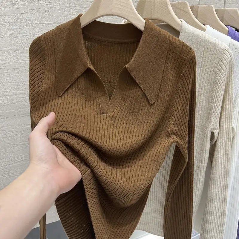 

New 2025 Women's Turn-down Collar Long Sleeve Knitted Shirts Tops Solid Thin Sweater Female Elegant Knitwear Jumper Pullovers