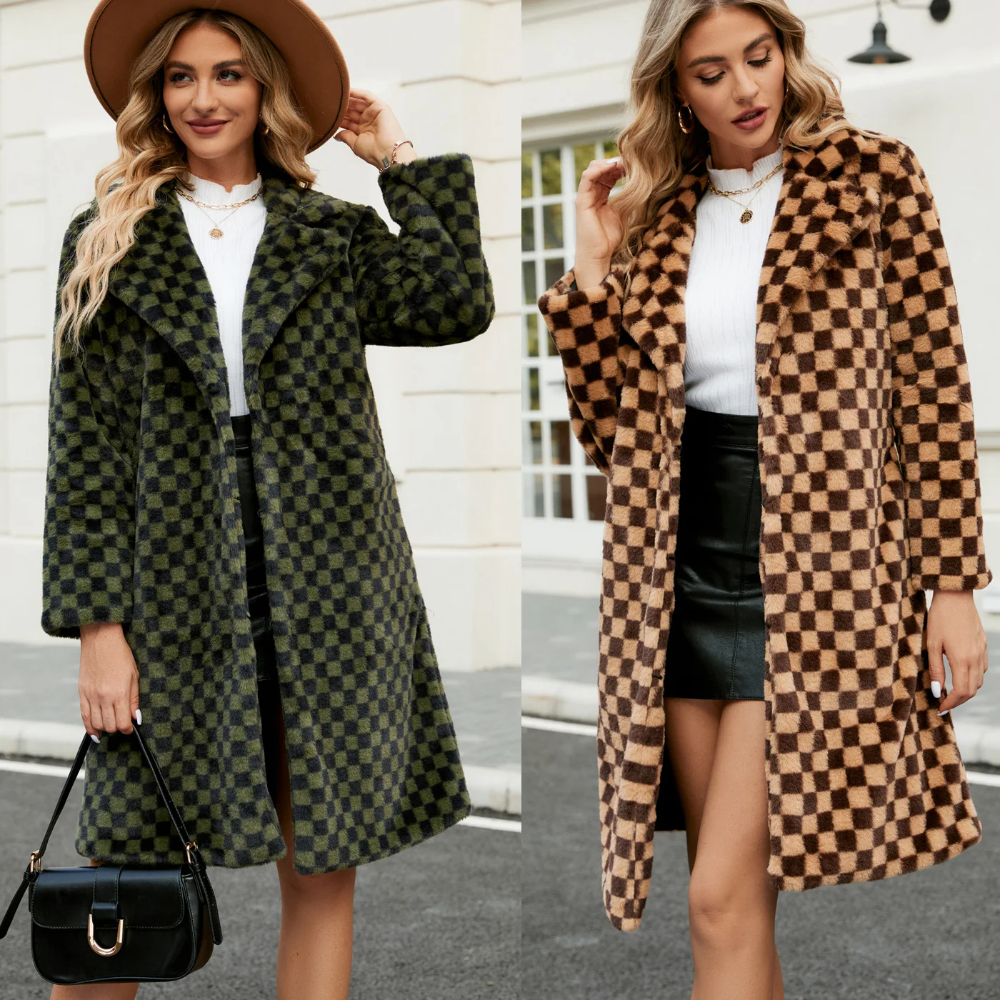 Autumn and Winter Faux Fur Coat Womens Mid Length Checkered Loose Plush Coat Imitation Fur Jacket Women