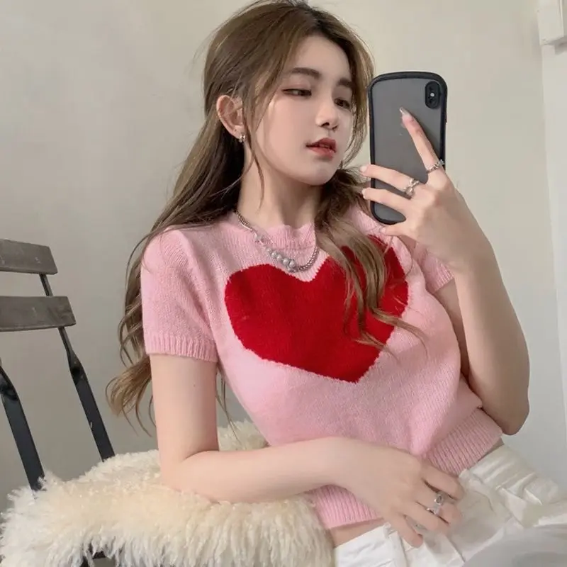 

Woman Summer Beading Pullover Female Thin Knitted Short Sleeve Round Neck Ice Silk Sweaters Knitwears Stylish Fashion Top G125