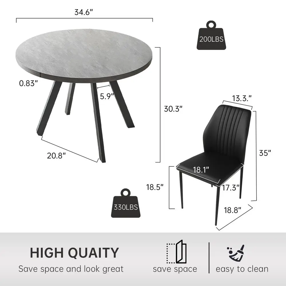 

34.6 Round Dining Table and Chairs for 2, Space Saving Modern Casual Coffee Table Set for Apartment Kitchen Dining Room Grey Ta