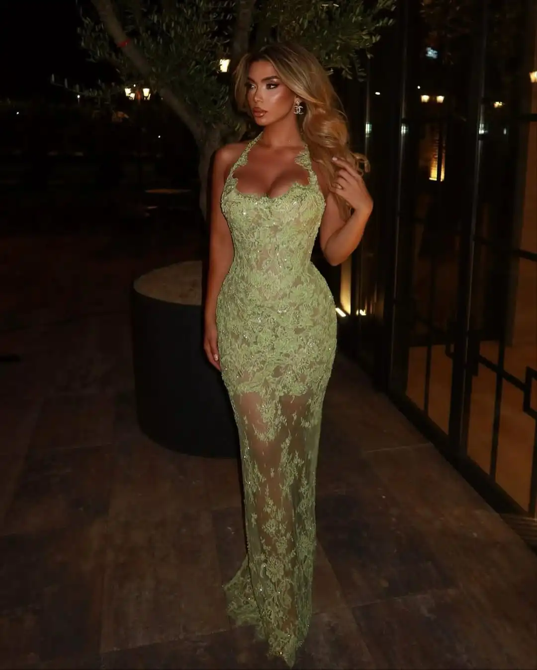 New Sexy Elegant Halter Embroidery Sweetheart Bodycon Floor Length Dress Lace Illusion Sequin Evening Prom Formal Party Dress