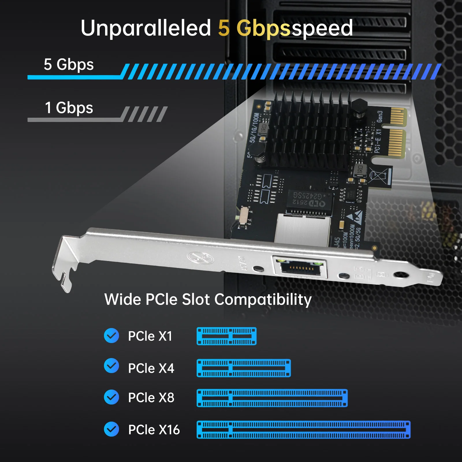 

5Gb PCIe NIC with RTL8125B,2500M/1000M/100M network adapter, PCIe card 3.1 x1 interface, suitable for Windows7/8/10/11