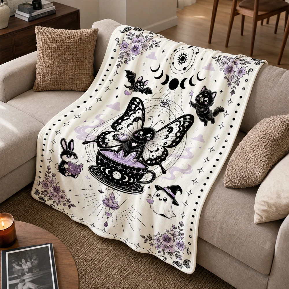 Gothic Witchy Halloween Throw Blanket Celestial Cat Butterfly Moon Stars Sofa Decor Plush Cozy Seasonal Gift