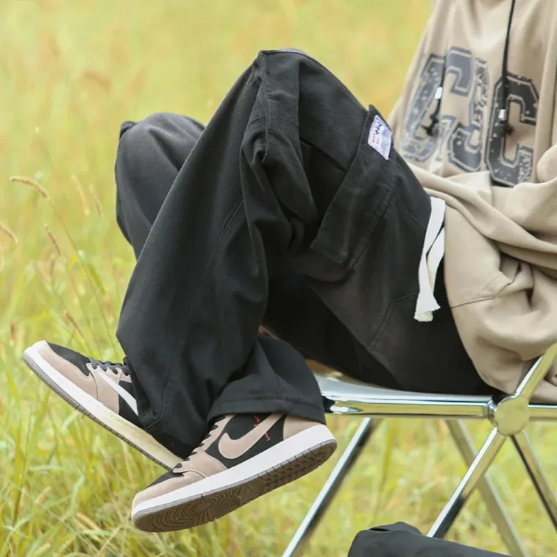 Spring Autumn New Men's High Street Multi Pocket Cargo Pants Zipper Versatile Straight Wide Leg Casual Pants Trend  cargo jeans