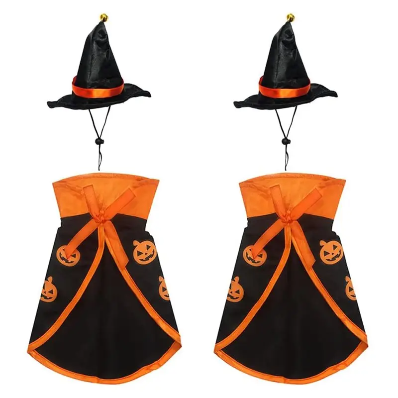 CHCH Halloween-Katzenkostüm, Umhang, Verstellbares Kürbis-Haustierkostüm-Set, Hexenhut, Haustierkleidung für Halloween