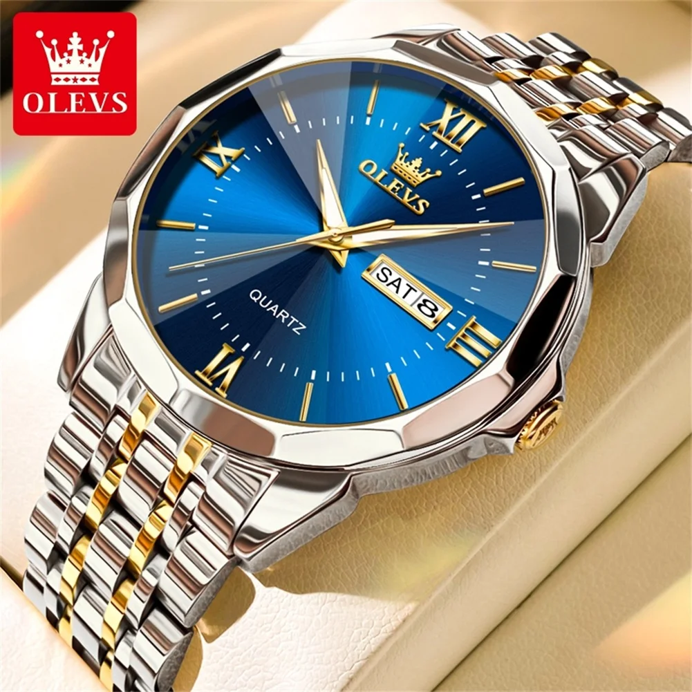 

OLEVS 9989 Brand Quartz Watch Diamond Coating Dual Calendar Window 30m Waterproof Luminous Function Precision Steel Watch