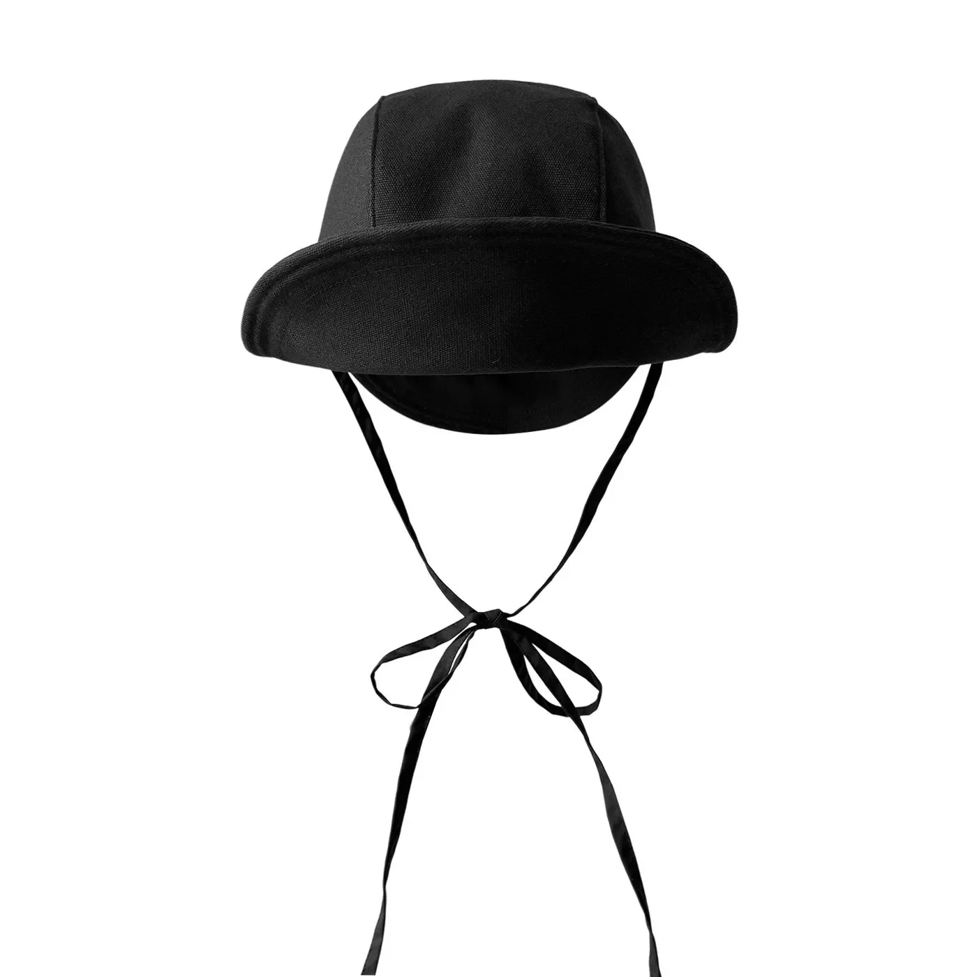 Women Black Wide Brim Fold Bucket Hat Strap Sun Hat Casual Round Face Friendly Fisherman Cap