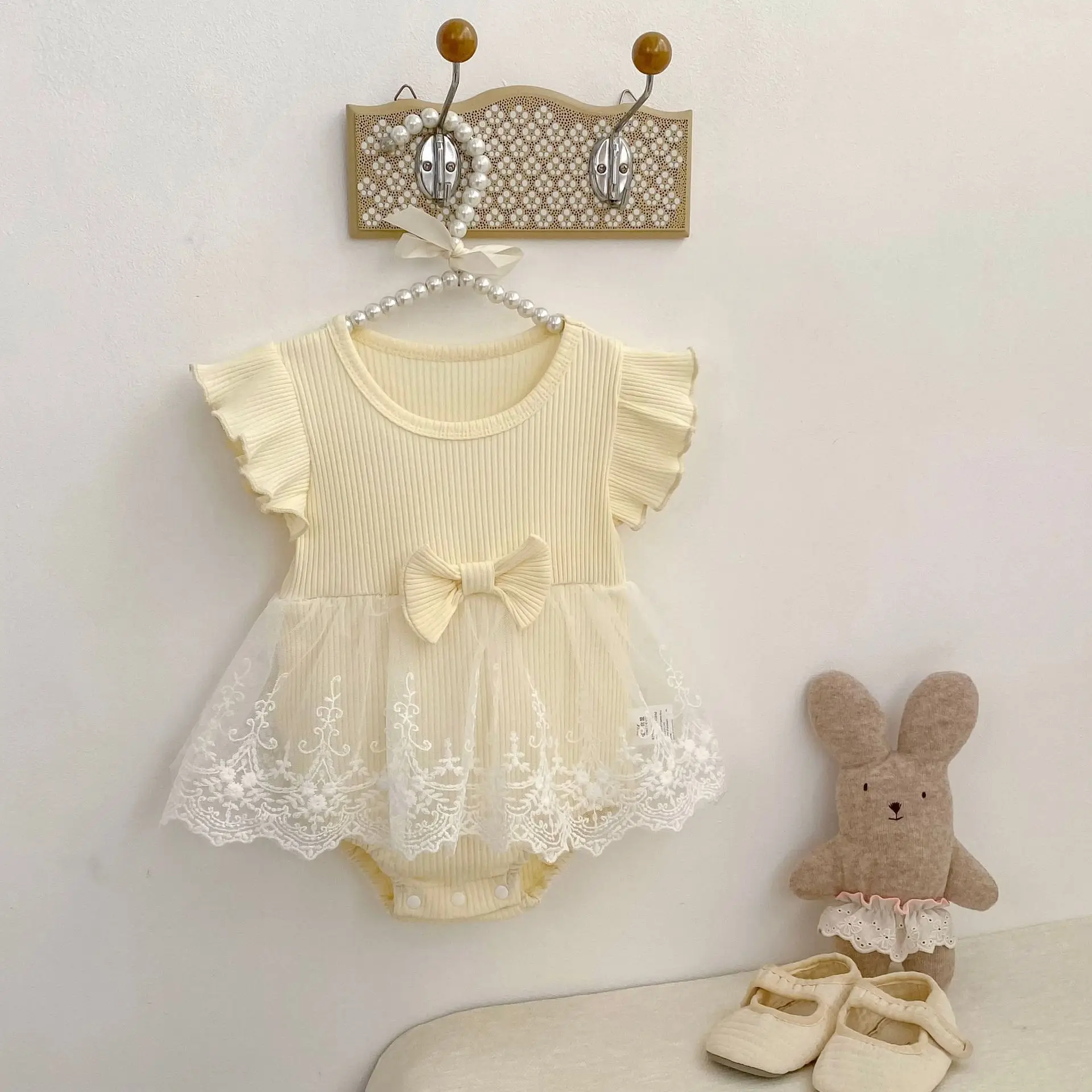 2026 Summer Baby Girl Lace Tulle Romper Dress Ruffle Sleeve Bowknot Newborn Princess Outfit Infant Casual Birthday Party Clothes