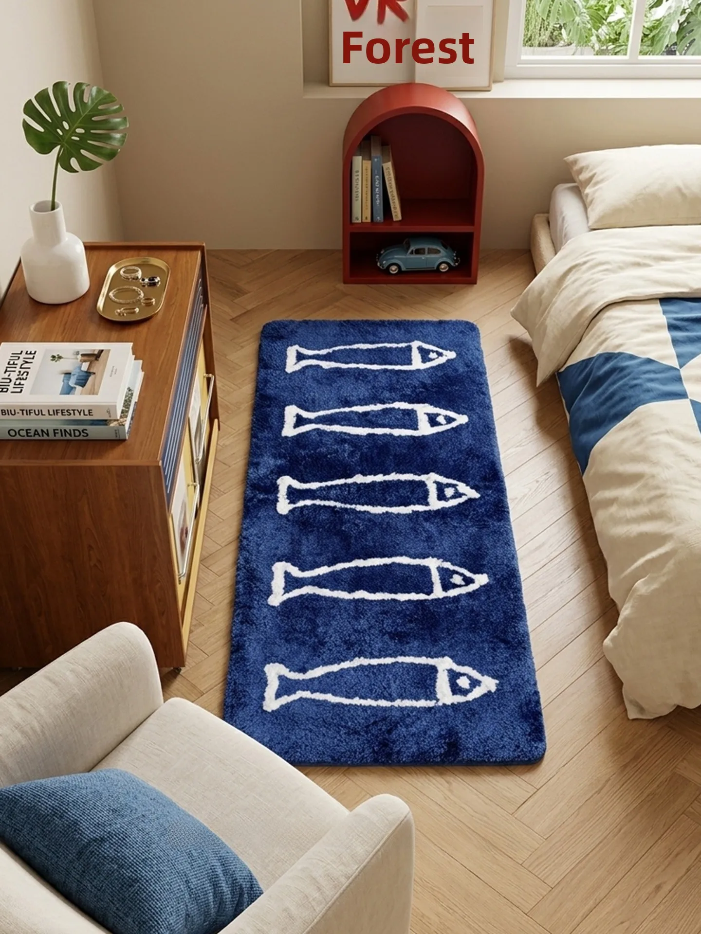 Blue Cartoon Fish Shaped Rug Non-Slip Long Strip Bedroom Carpet for Boys Plush Floor Mat by Youshan Home Textile
