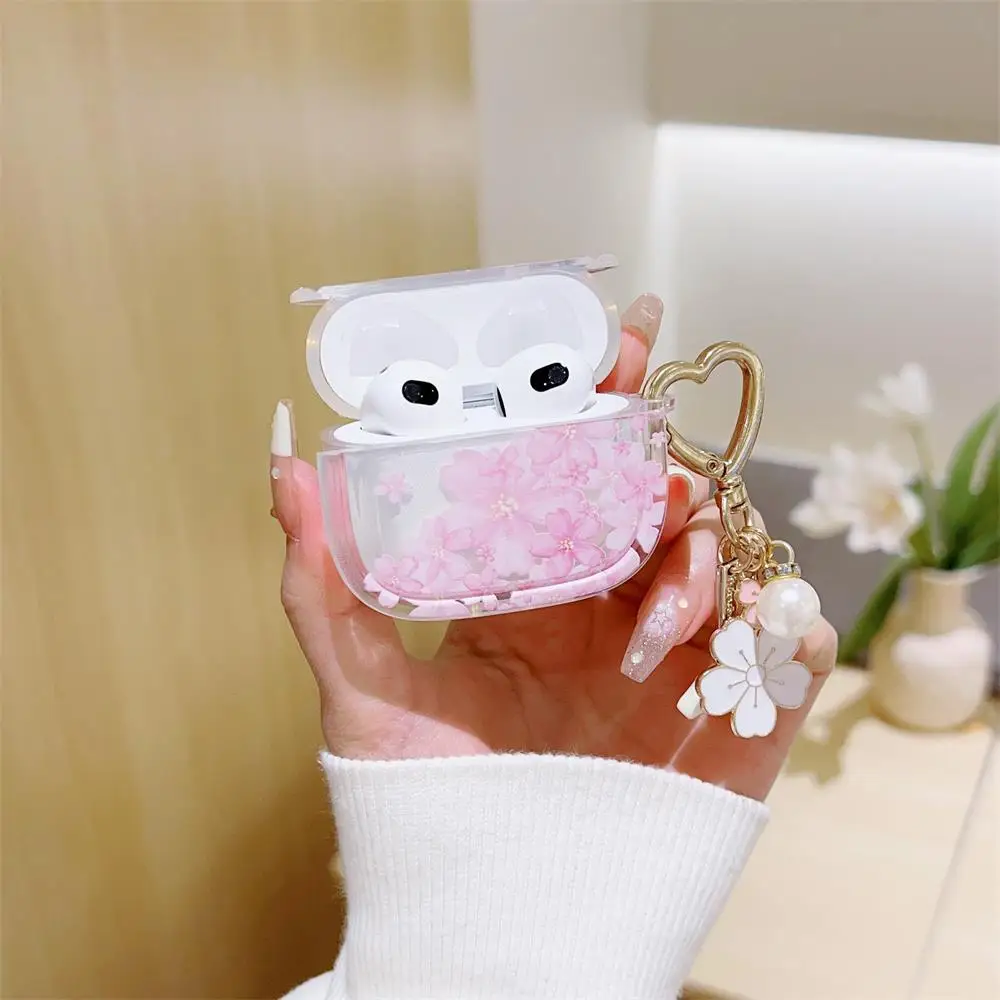 Earphones Case for Apple Airpods 1/2/3 Pro2 Pink Sakura High Quality Transparent Protection Bag Soft with Cherry Blossom Chain