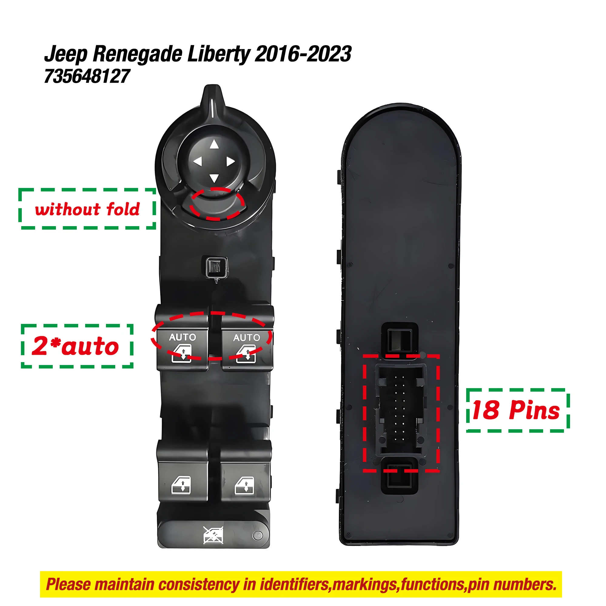 735648127 For Jeep Renegade Liberty 2016 2017 2018 2019 2020-2023,Left Auto Electric Power Lifter Window Master Control Switch
