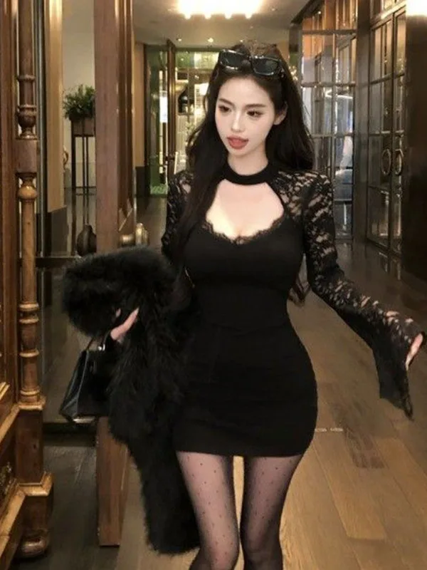 

Pure Desire Sexy Sweet Spicy Backless Lace Long Sleeve Dress Women's Tight Slimming Base Layer Short Skirt Commute Style Kore...