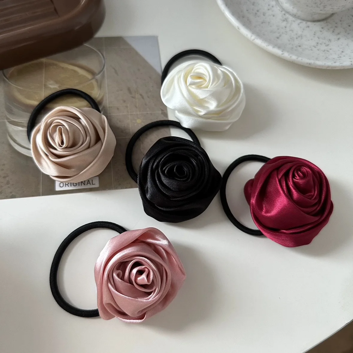 Korean Rose Elastic Hair Bands For Women Girls Accessories Tie Hair Ring Rope Headdress Scrunchies Big Flower Satin Rubber Bands