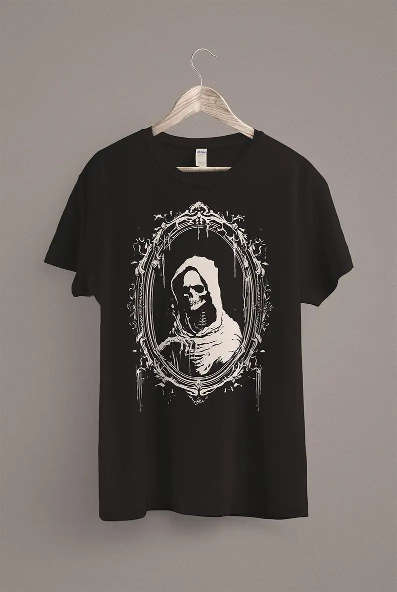 Grim Reaper T-Shirt  Occult Horror Clothing  Spooky Halloween  Black Heavy Death Metal  Gothic Shirt  Skull Skeleton