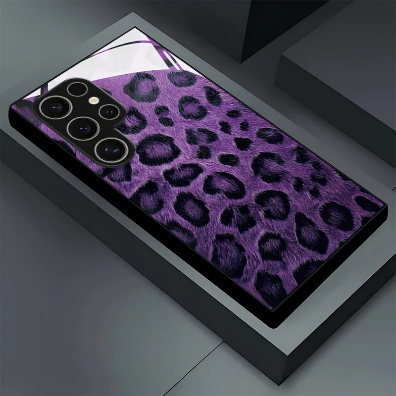 Leopard-patterned purple TPU glass phone case, suitable for Samsung S26/S25, S24/S23/S22/S21/S20, etc. models.