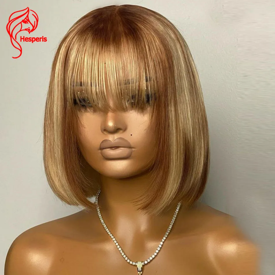 

Hesperis Short Bob Human Hair Wig With Bangs Brazilian Remy Blonde Highlight Brown Full Machine Made Wig Wear Fast Bob Cut