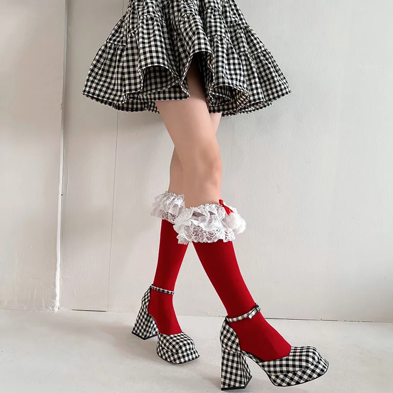 Christmas Pom Pom Lace Trim Lolita Socks Stylish Kawaii Japanese Style Knee High Long Tube Socks for Harajuku Streetwear