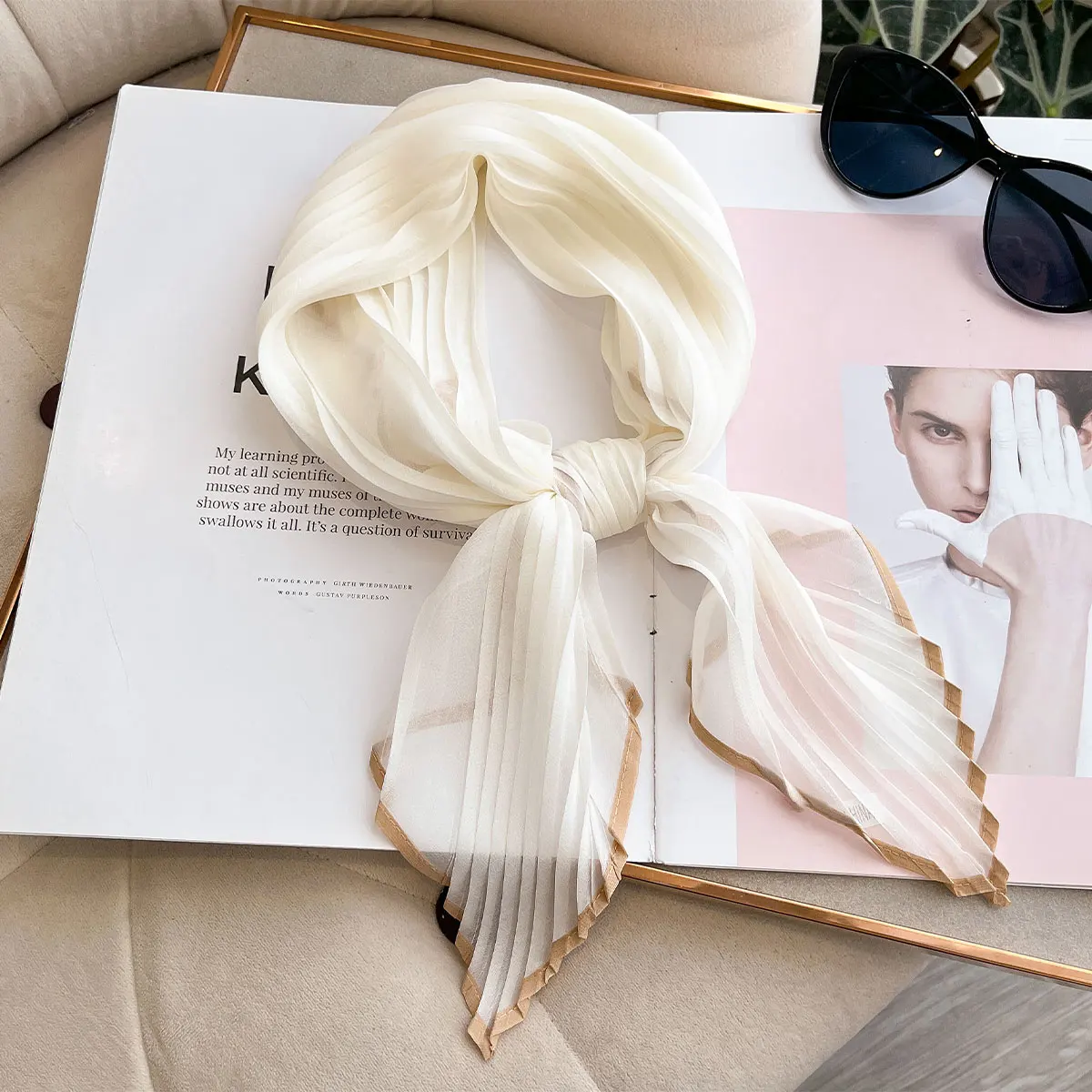Women Pleated Satin Solid Scarf Headscarf Neckerchief Square Shawl Hair Tie Band HandKerchief Satin Foulard Scarves Decorative image 2