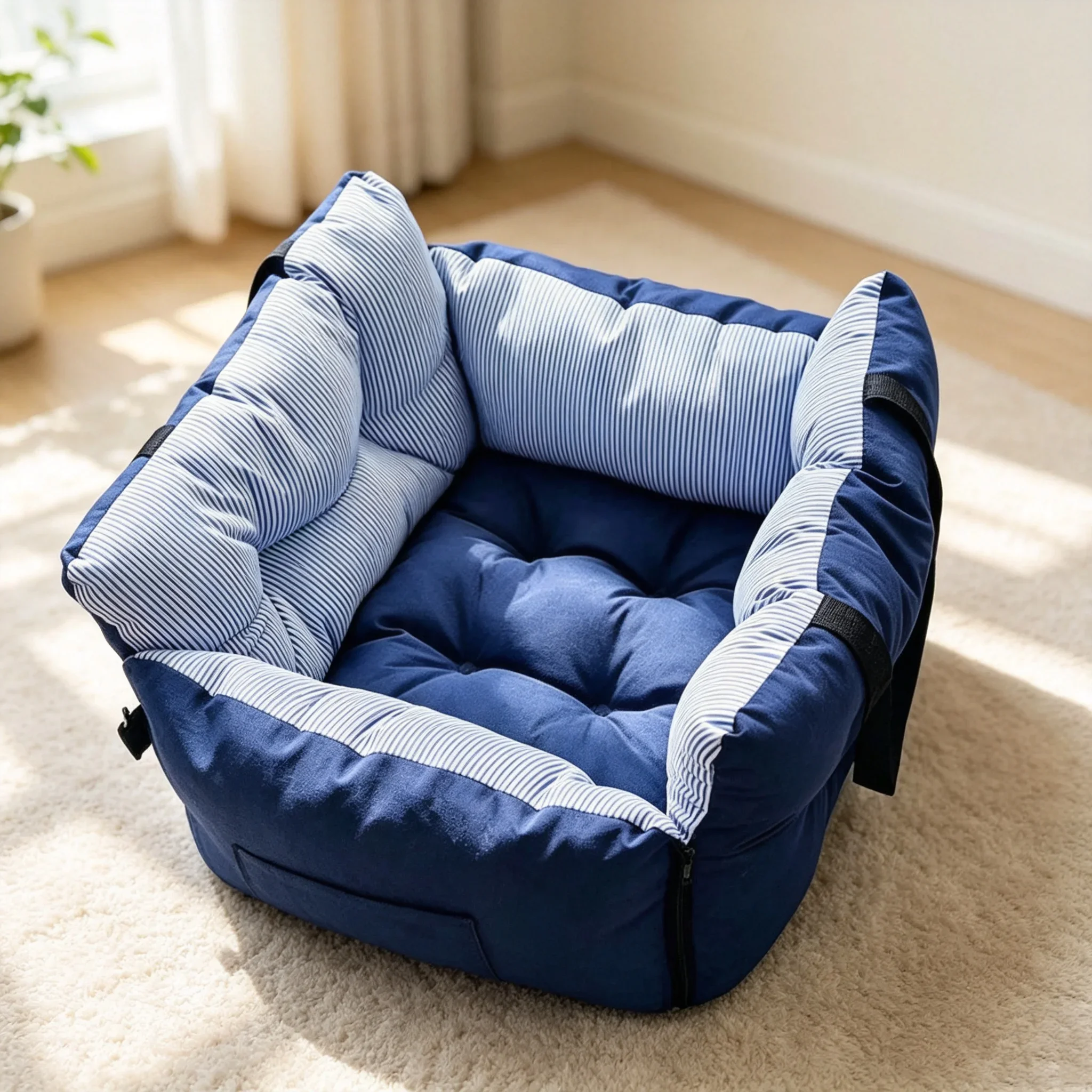 Blau-gestreifter Hunde-Autositz mit Sicherheitsgurt, waschbarer, stoßfester Reisesofa für Hunde und Katzen – Detail 3