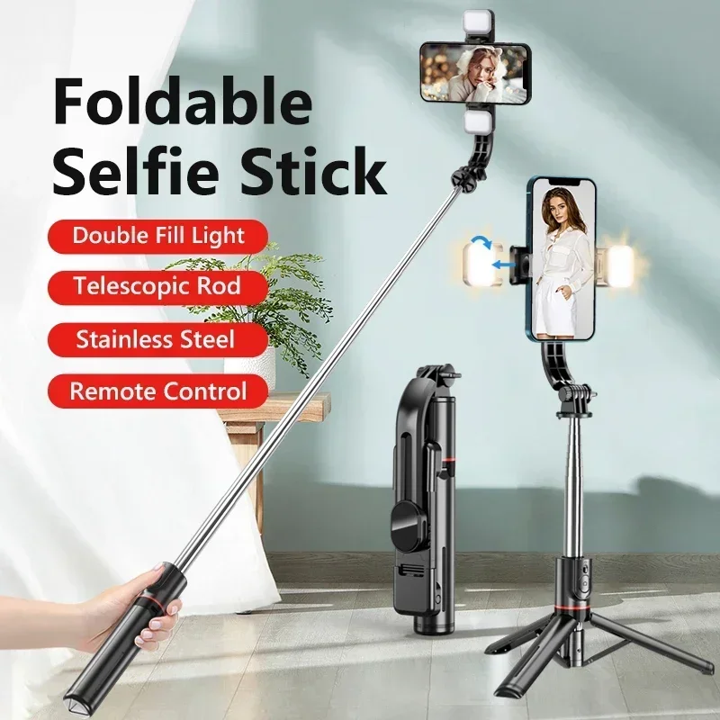 Foldable Selfie Stick Doule LED Fill Light with Wireless Bluetooth Remote Desktop Tripod Stand For iOS Android Smartphone Holder