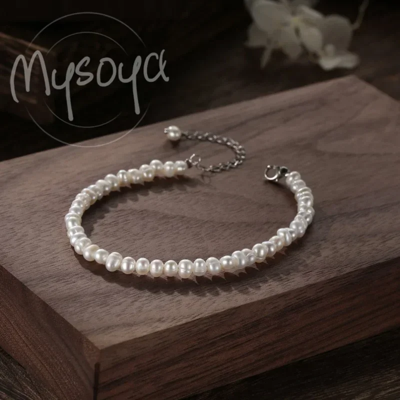 

MYSOYA 5-6 мм браслет из натурального белого пресноводного жемчуга с подарочной коробкой, день рождения, свадьба, рождественские украшения, подарок для женщин и мужчин