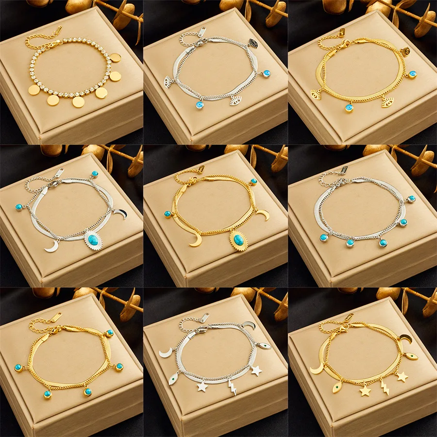 Модный нишевый ретро-высококачественный двухслойный браслет с подвеской в виде бриллиантов, инкрустированный круглыми голубыми глазами и звездами-молнией без коробки