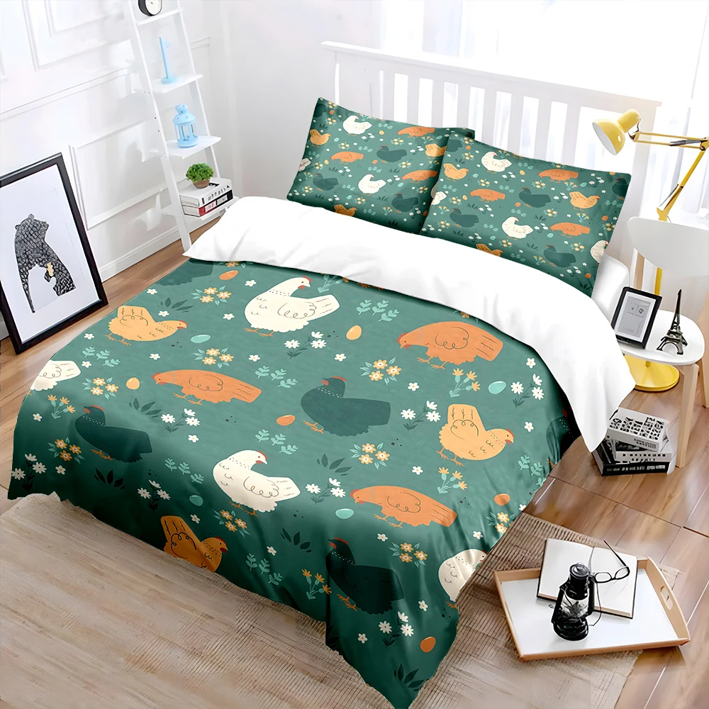 Cartoon chickens with floral Pattern Duvet Cover Set Digital Print Colorful Polyester Bedding with Zipper Closur for kids gifts