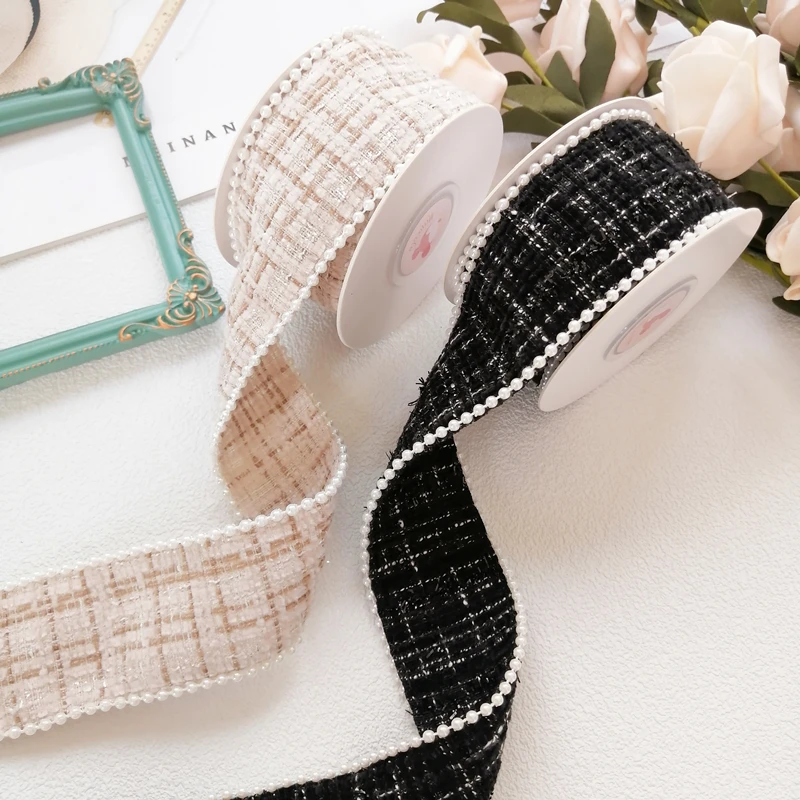 40mm Pearl Beads Checked Ribbon Embroidery Tweed Material Tape Handmade Bow Hair Accessories Clips Corsage Collar Sewing