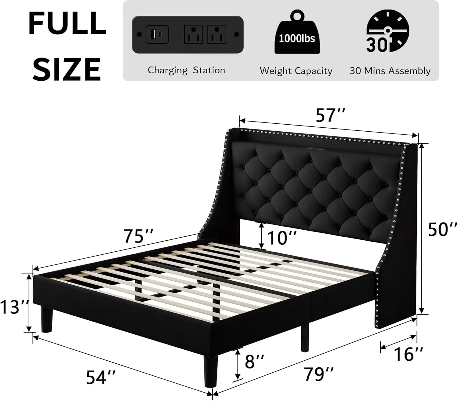 Type-C Ports, Upholstered Platform Beds with Button Tufted Storage Headboard, Solid Wood Slats Support