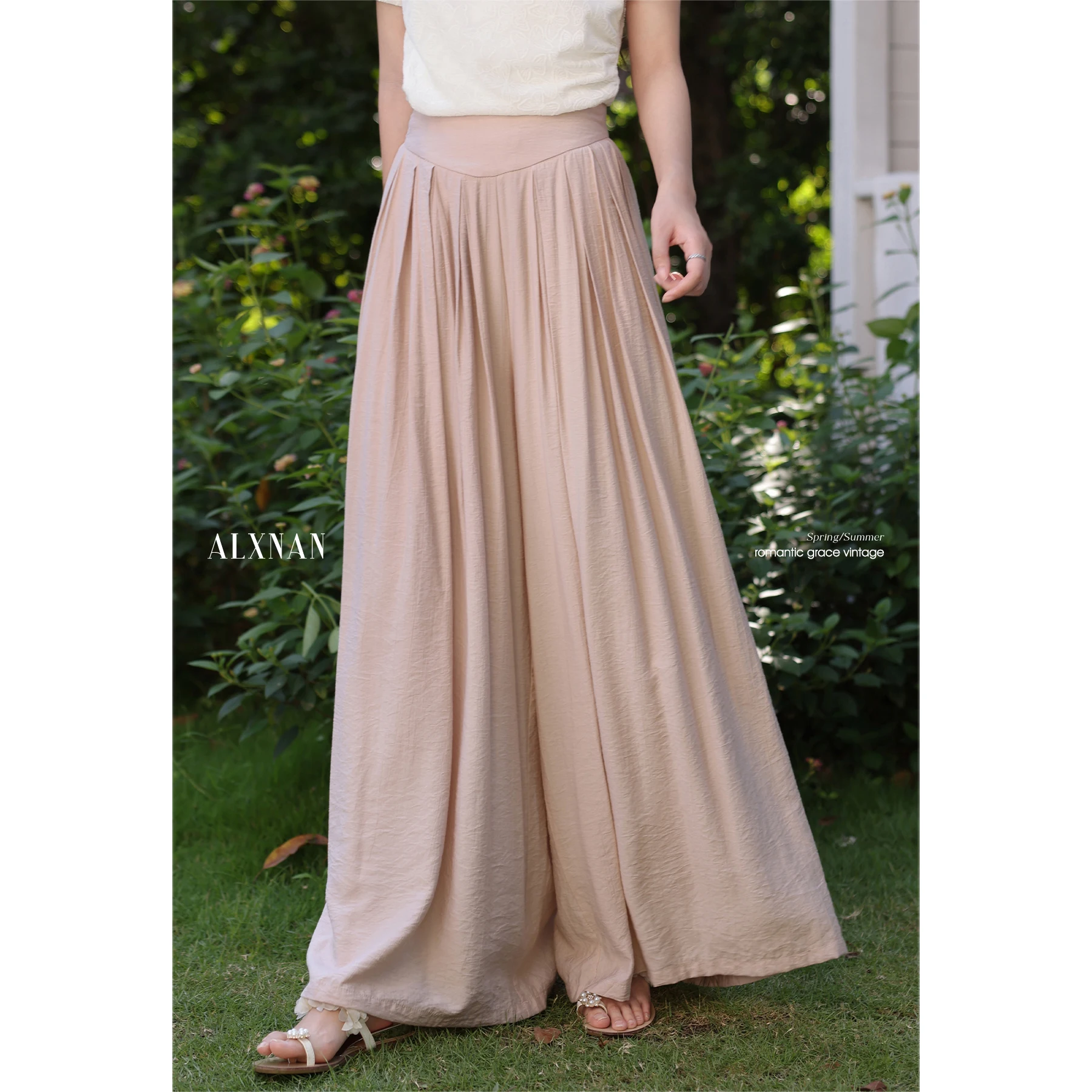 

ALXNAN Women's Pink Pants High-waist Straight Casual Wide-leg Pants Summer Loose-fit Office Lady Elastic Waist Trousers L55933