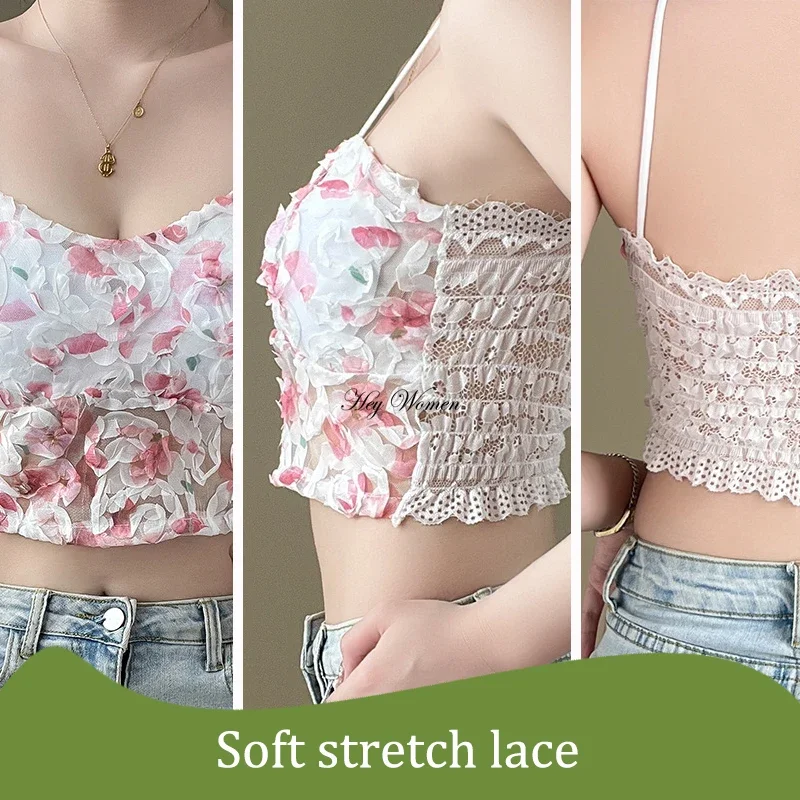 Lace Crop Top Women Rose Floral Bra Mesh Tube Top Beauty Back Bra Seamless Cami with Chest Pads Sexy Tank Top Sweet Lingerie