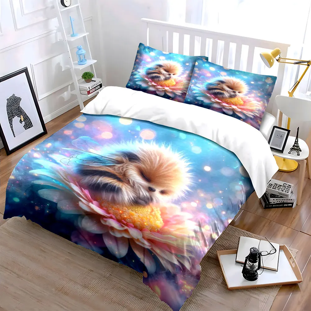 Adorable creature resting on flower Print Bedding Set 1 Duvet Cover 2 Pillowcases for Adult and Children Luxury Gift Full Size