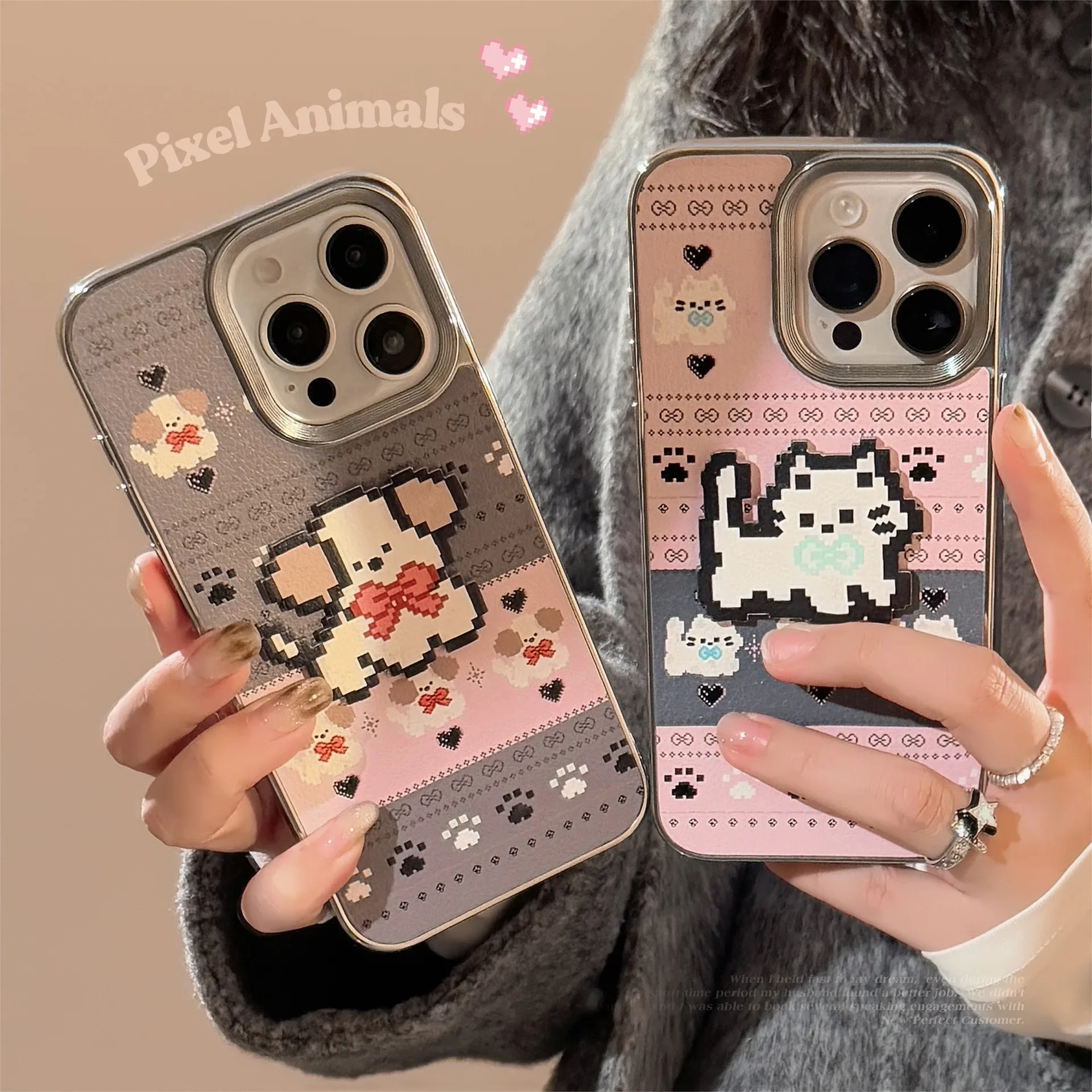 Pet cat puppy pixel stick Plating art Phone case For iPhone 16 15 14 13 12 11 Pro Max Case Cute Luxury Cartoon shockproof Cover