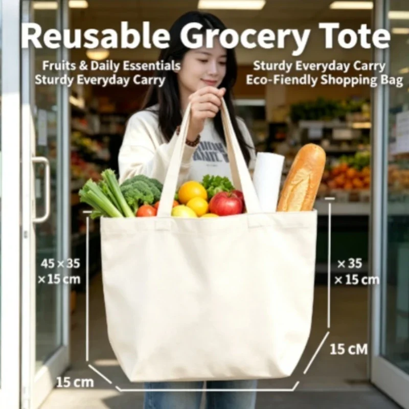 Eco-Friendly Cotton Canvas Tote Bag Lightweight Reusable Handbag for Students School Shopping Bag