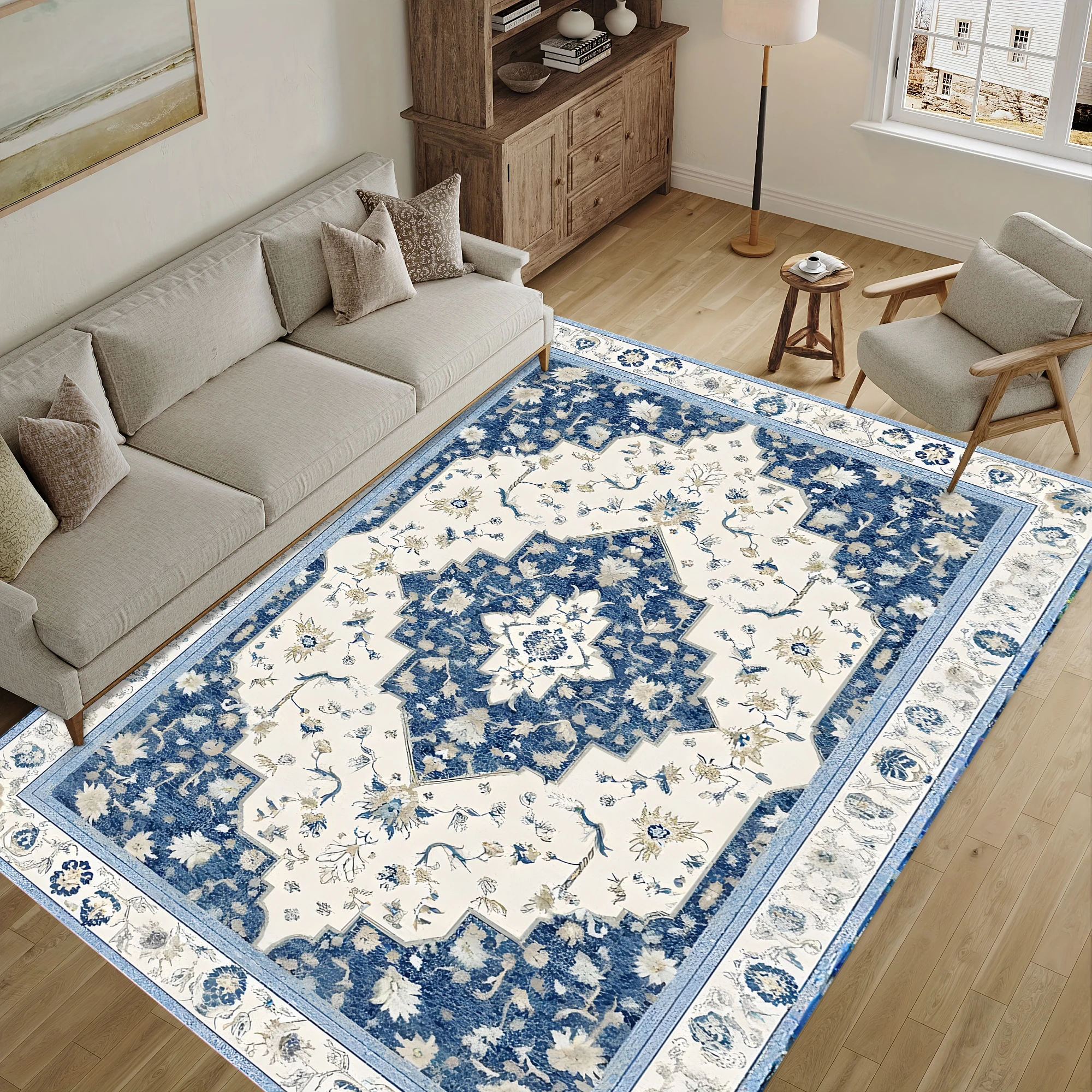 Blue and White Symmetrical Persian Pattern Retro Light Luxury Style Living Room and Bedroom Soft Furnishings Suitable for Autumn, Winter, Christmas and Other Festive Warm Decorations Velvet Carpet