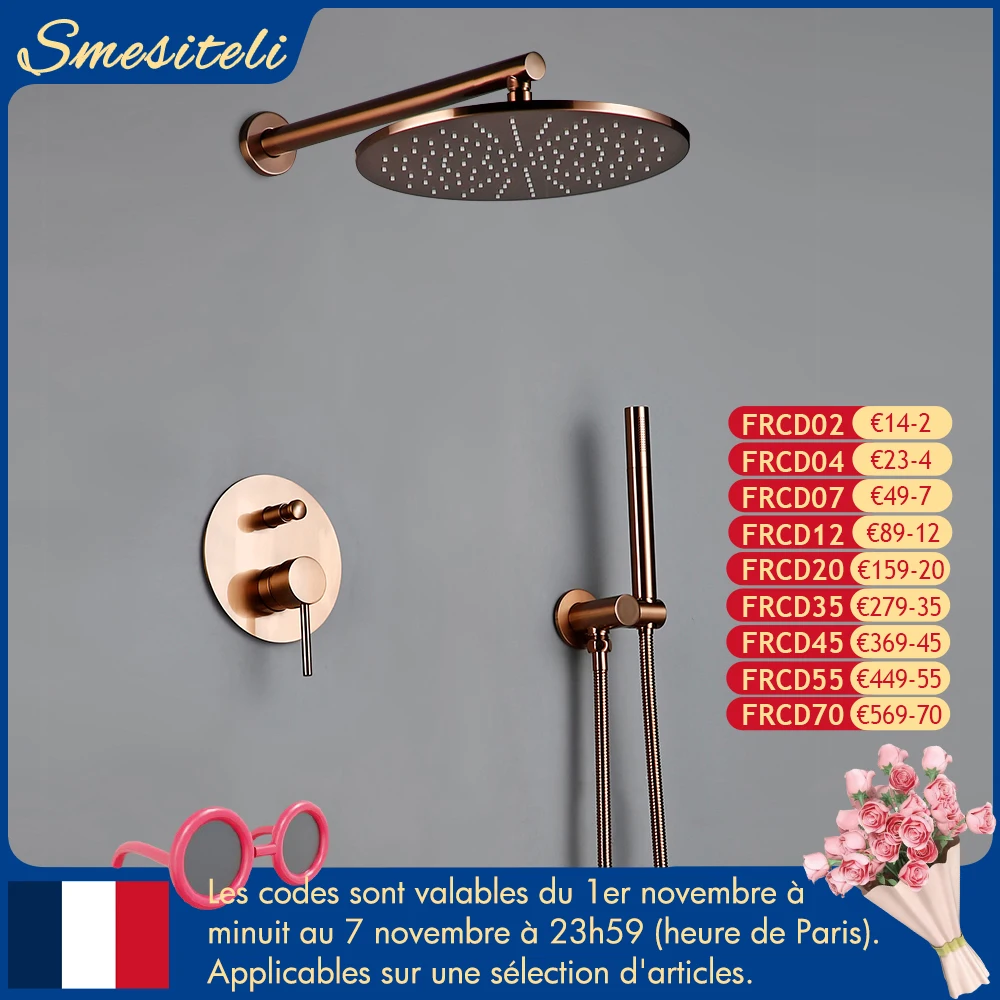 Ensemble de robinets de douche en or Rose brossé, robinet de salle de bains à pluie, mitigeur inverseur en laiton, Kit de Valve à bras mural à main de 8 à 12 pouces