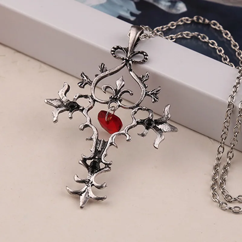 

Halloween Vampire Diaries Vintage Charm Unique RED Sacred Heart Crystal Cross Pendant Necklace For Women Clavicle Chain Jewelry