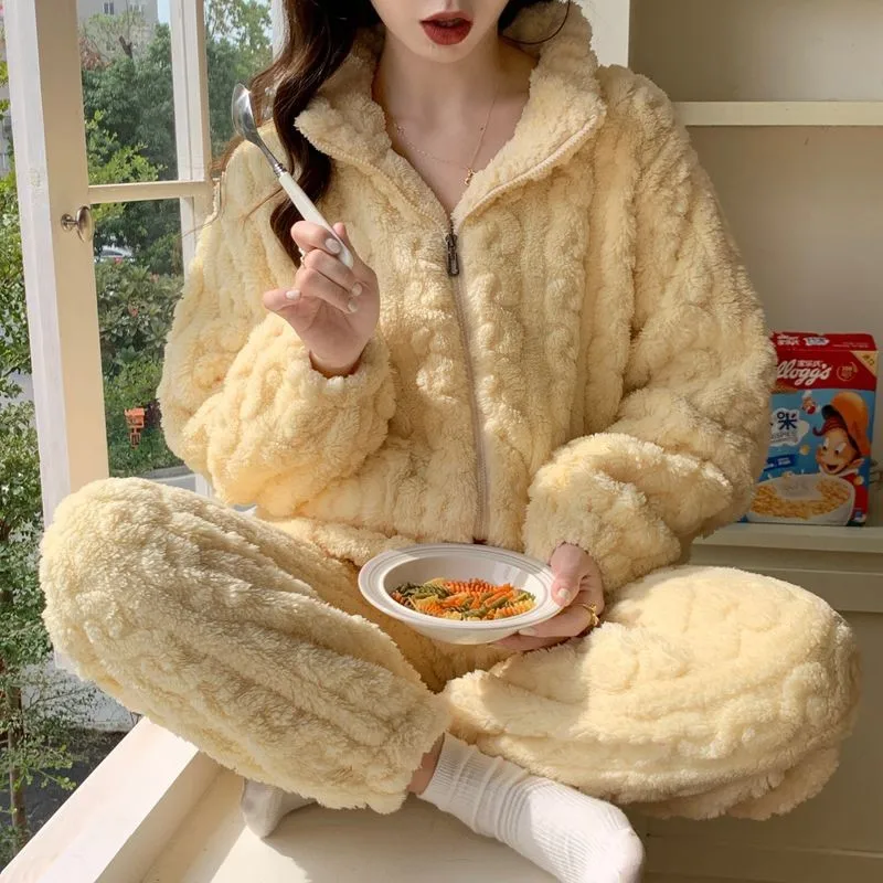 Large Size Flannel Pajamas Set Winter Female Trouser Suit Sleepwear Thicken Coral Fleece High Collar Zipper Lounge Wear Homewear