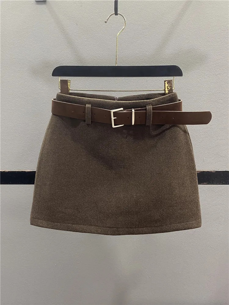 Retro Woolen  Skirt Slimming Sexy Girl Bodycon A-Line Short Skirt Anti-Light Casual High Waist Zipper Style Women's Skirt