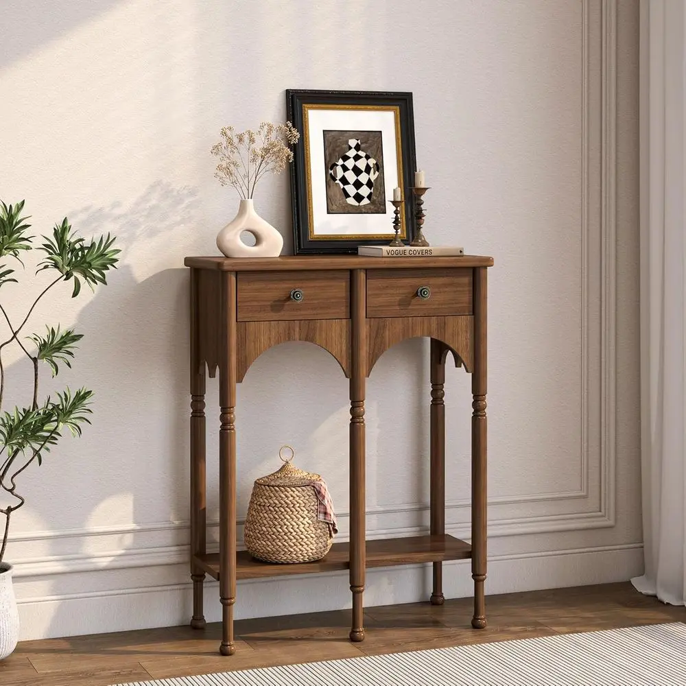 

28 Inch Modern Entryway Table with 2 Drawers and Shelf, Ideal for Living Room or Hallway, Brown Wooden Accent