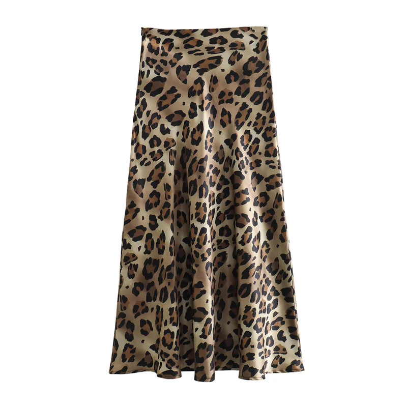 2024 Vintage Women's Leopard Print Satin Skirt Female Summer High Waist Midi Skirt Woman Fashion Elegant Long Skirts