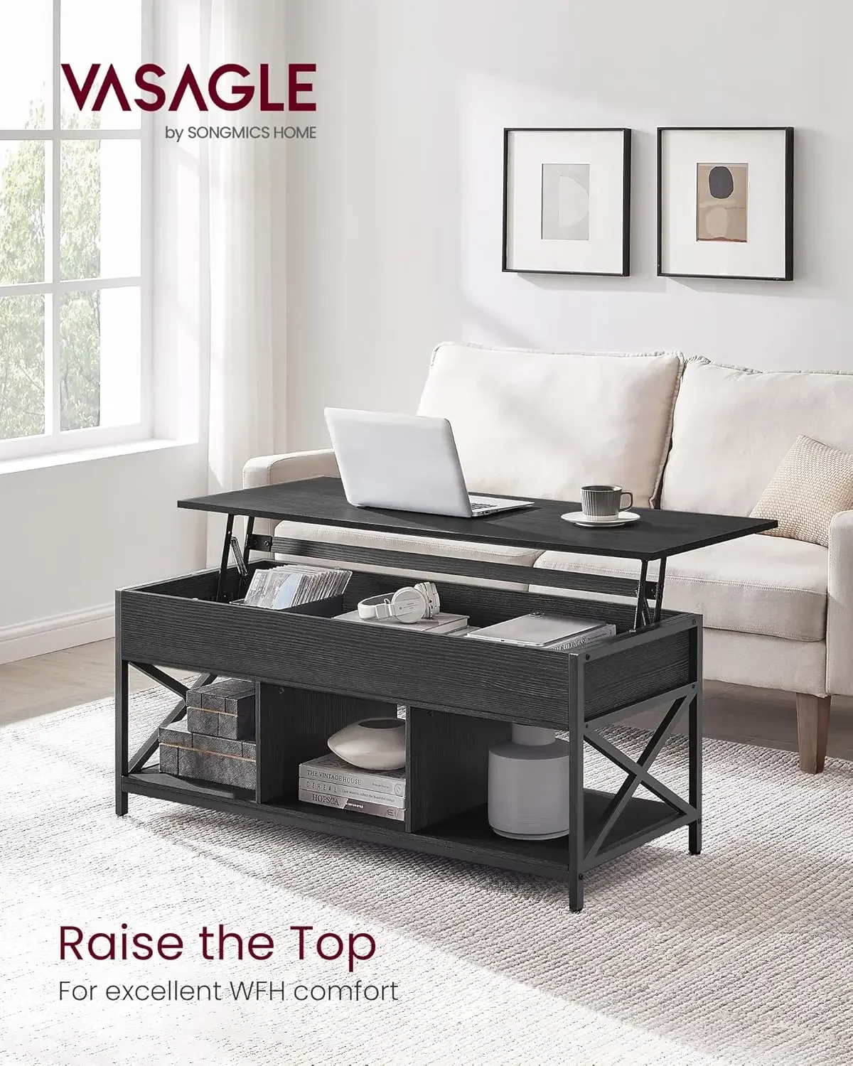 

Lift Top Coffee Table, Lift Coffee Table with Storage Shelf, Hidden Compartments and Lifting Top, for Living Room