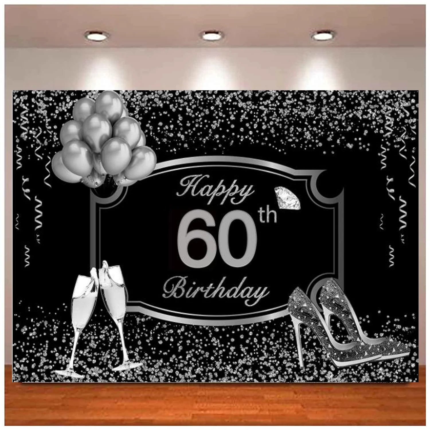 

Silver 60th Birthday Photography Backdrop Silver Glitter Shiny High Heels Champagne Background Sixty Years Old Age Party Decor