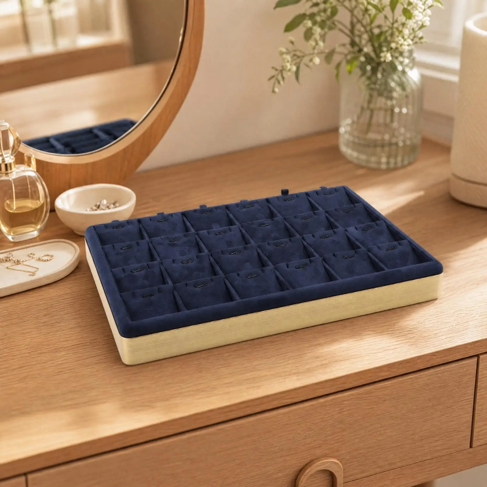 Jewelry Organizer Tray with Gold Trim and Blue Velvet Lining for Pendant Necklace Presentation in Shop Counter