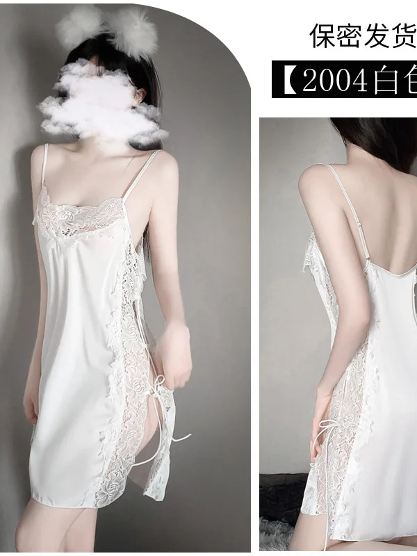 New Sexy Suspender Female Summer Mature Lace Ice Silk Thin Swing Collar Nightdress Beautiful Back Silk Home Clothes Dress LKRZ