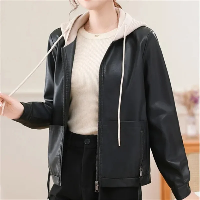 Leather Jacket High-grade Hooded Leather Jacket Female Short Spring and Autumn Loose Fashion Joker Casual Leather Jacket Tide