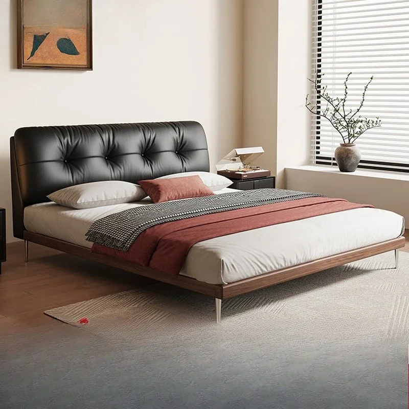 Massief houten retro eenvoudig leren bed